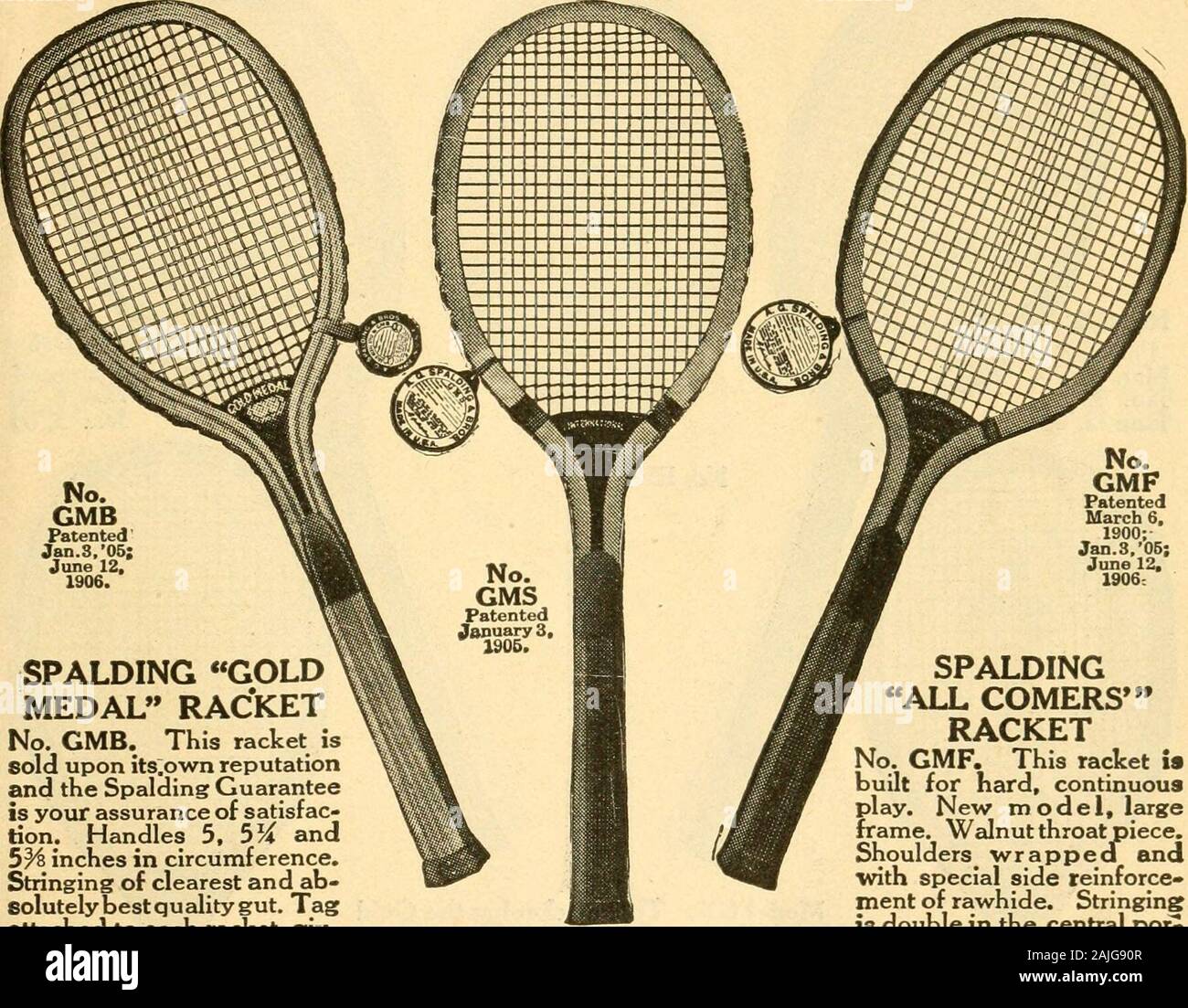 La imprimación de tenis . Marca^^Kf Spalding raquetas de tenis de césped.  No.GMB Ene patentadoS.OSi el 12 de junio. 1906. SPALDING GOLDMEDAL RAQUETA  No. GMB. Esta raqueta issold.tras su propia reputationand la