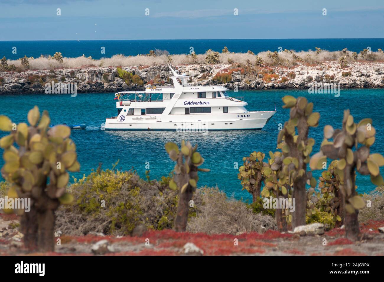 El G-aventuras "Eden" barco anclado frente a la costa de la Isla Plaza Sur, en Galápagos, Ecuador. Foto de stock