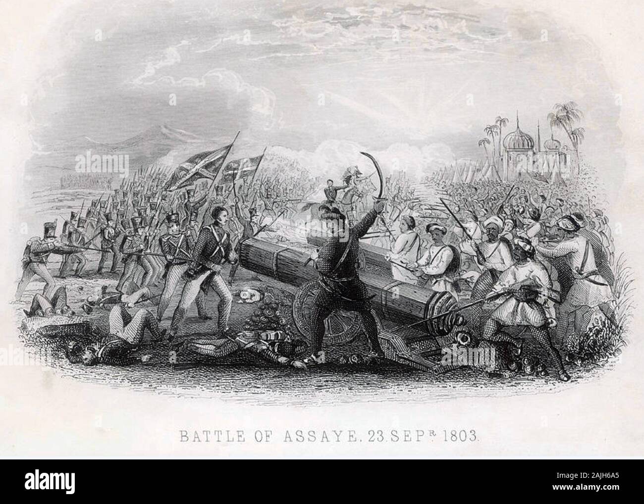 La batalla de ASSAYE 23 de septiembre de 1803. Una casi contemporánea imprimir mostrando las fuerzas británicas a la izquierda en estrecho contacto con los soldados Maratha Foto de stock