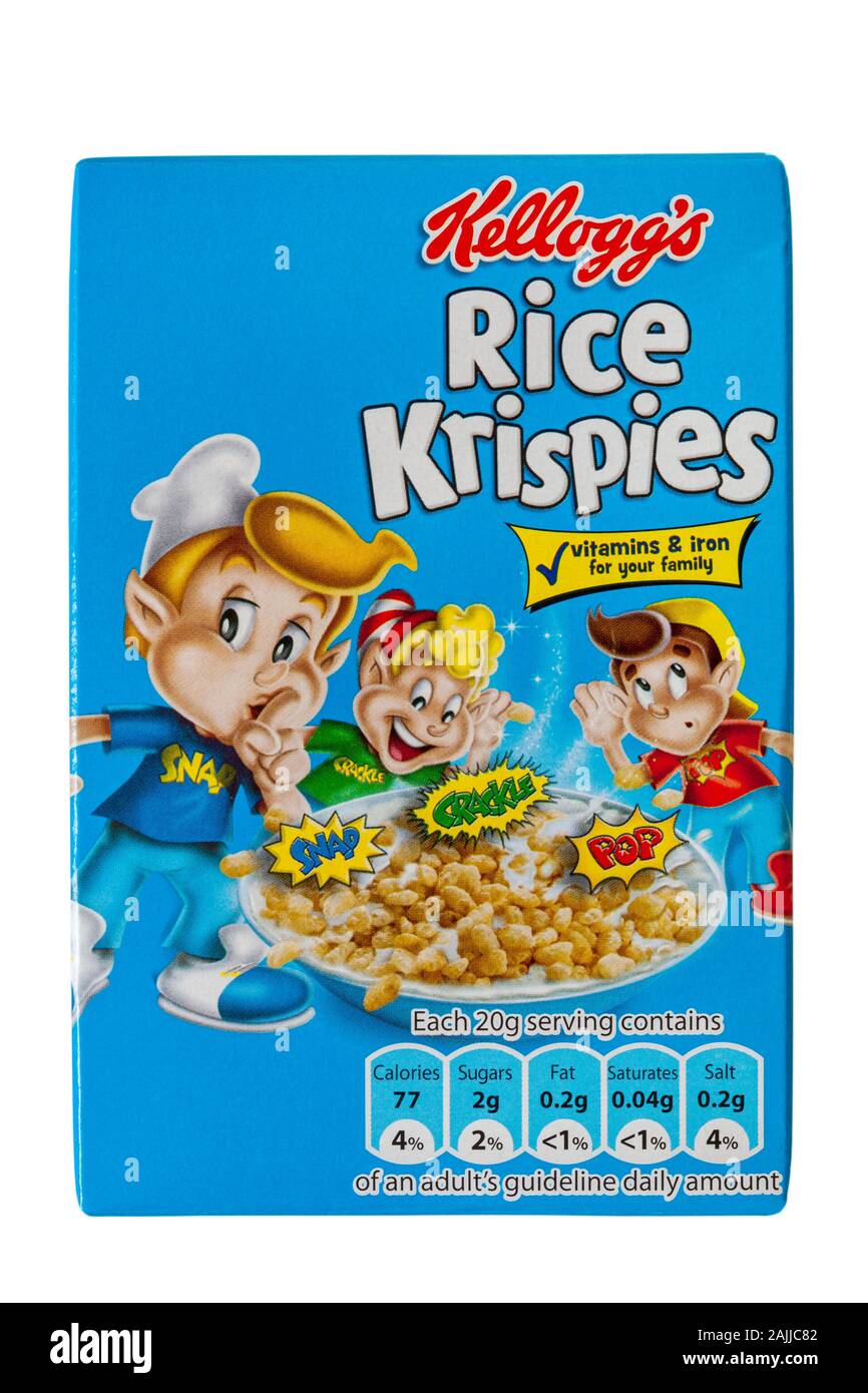 Caja de cereales Kellogg's Rice Krispies, cereales de desayuno aislados  sobre fondo blanco - cereales Kellogs cereales Kellogg cereales Kellogg  Fotografía de stock - Alamy