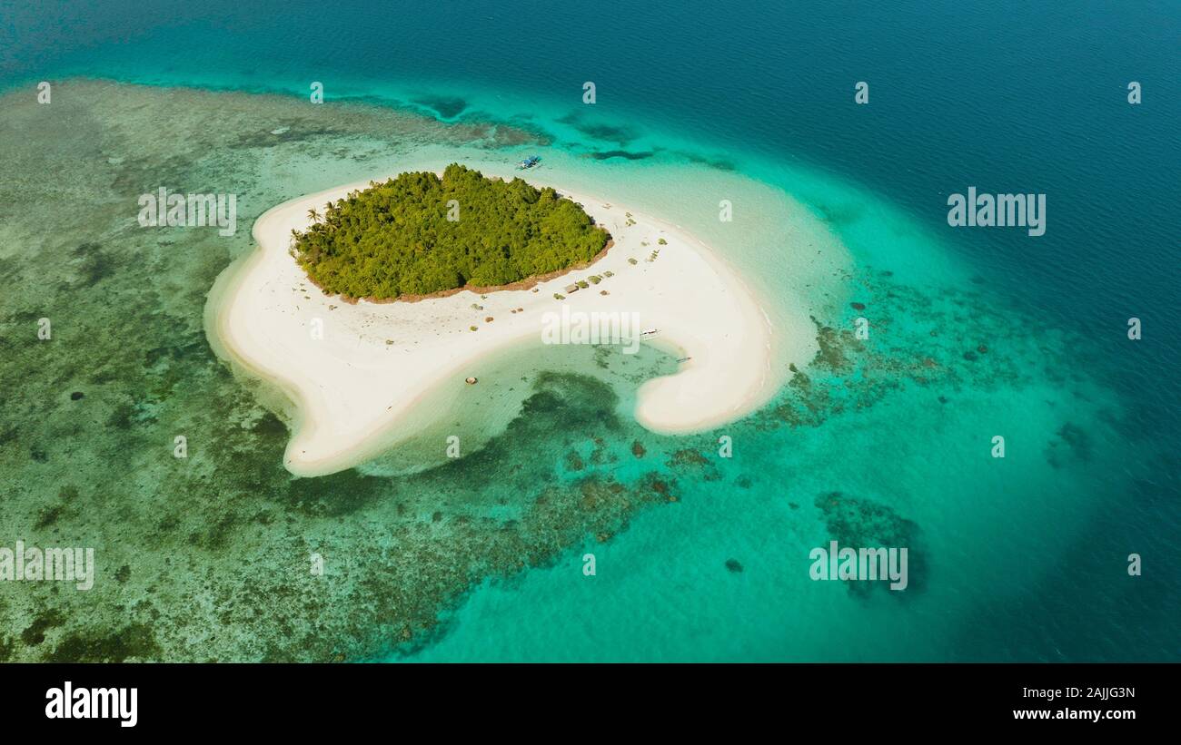 Vista aérea de la playa en una isla tropical con palmeras por Coral Reef Atoll. Patawan isla con playa de arena. Concepto de vacaciones de verano y viajes. Foto de stock