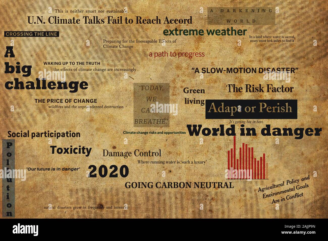 Nueva York, Estados Unidos - Enero 04, 2020: los titulares de los periódicos y el texto acerca del cambio climático en el mundo. Foto de stock
