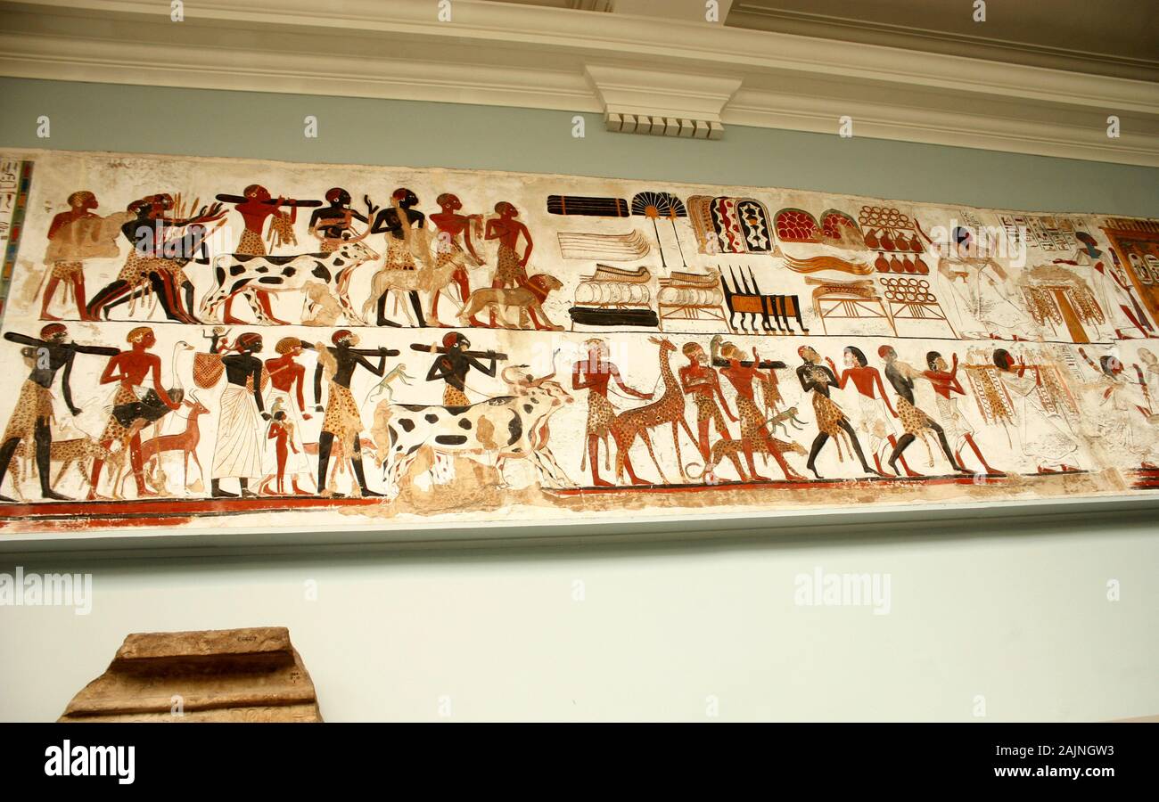 Pinturas murales egipcias en exhibición en el museo británico Foto de stock
