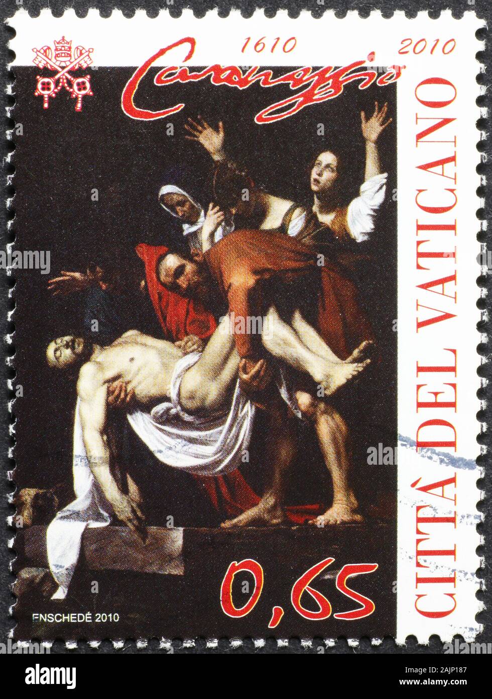 Obra maestra de Caravaggio en el sello de la Ciudad del Vaticano Foto de stock