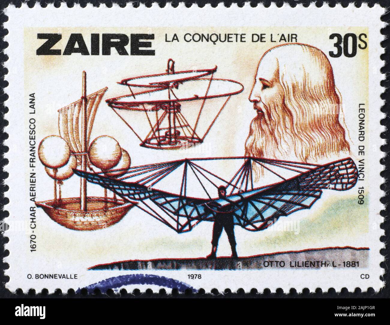 Máquinas voladoras proyectadas por Leonardo en sello postal Foto de stock