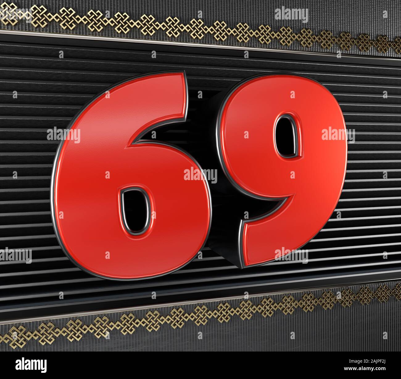 Rojo número 69 (número 69) con símbolos de oro interminable nudo. Ilustración 3D Foto de stock
