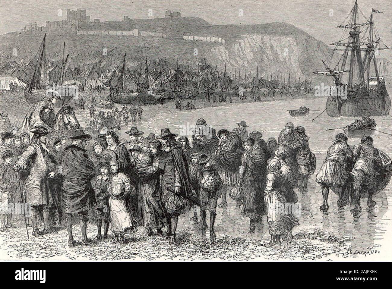 Hugonotes franceses buscan refugio en Inglaterra después de la promulgación de la Ley de naturalización protestantes extranjeras 1708 Foto de stock