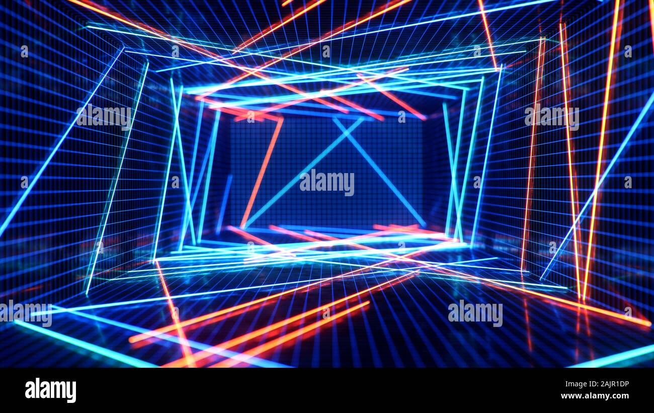 Interior abstracto azul y rojo con luz de neón. Lámpara fluorescente. Arquitectura futurista de fondo. ilustración 3d de las lámparas de neón que se iluminan Foto de stock