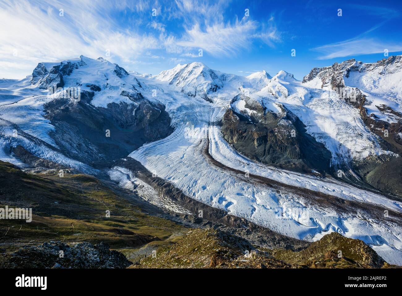 Zermatt, Suiza. El Glaciar Gorner y Monte Rosa de Gornergrat. Foto de stock