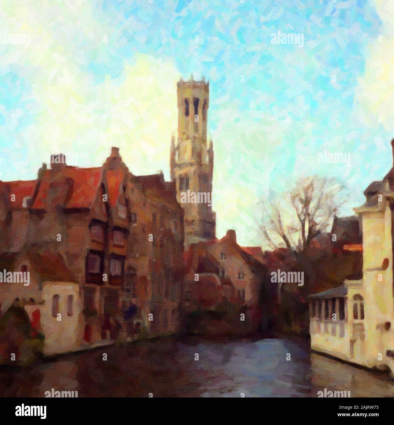 Vista desde Rozenhoedkaai, Brujas, Bélgica. Efecto de pintura al óleo digital Foto de stock