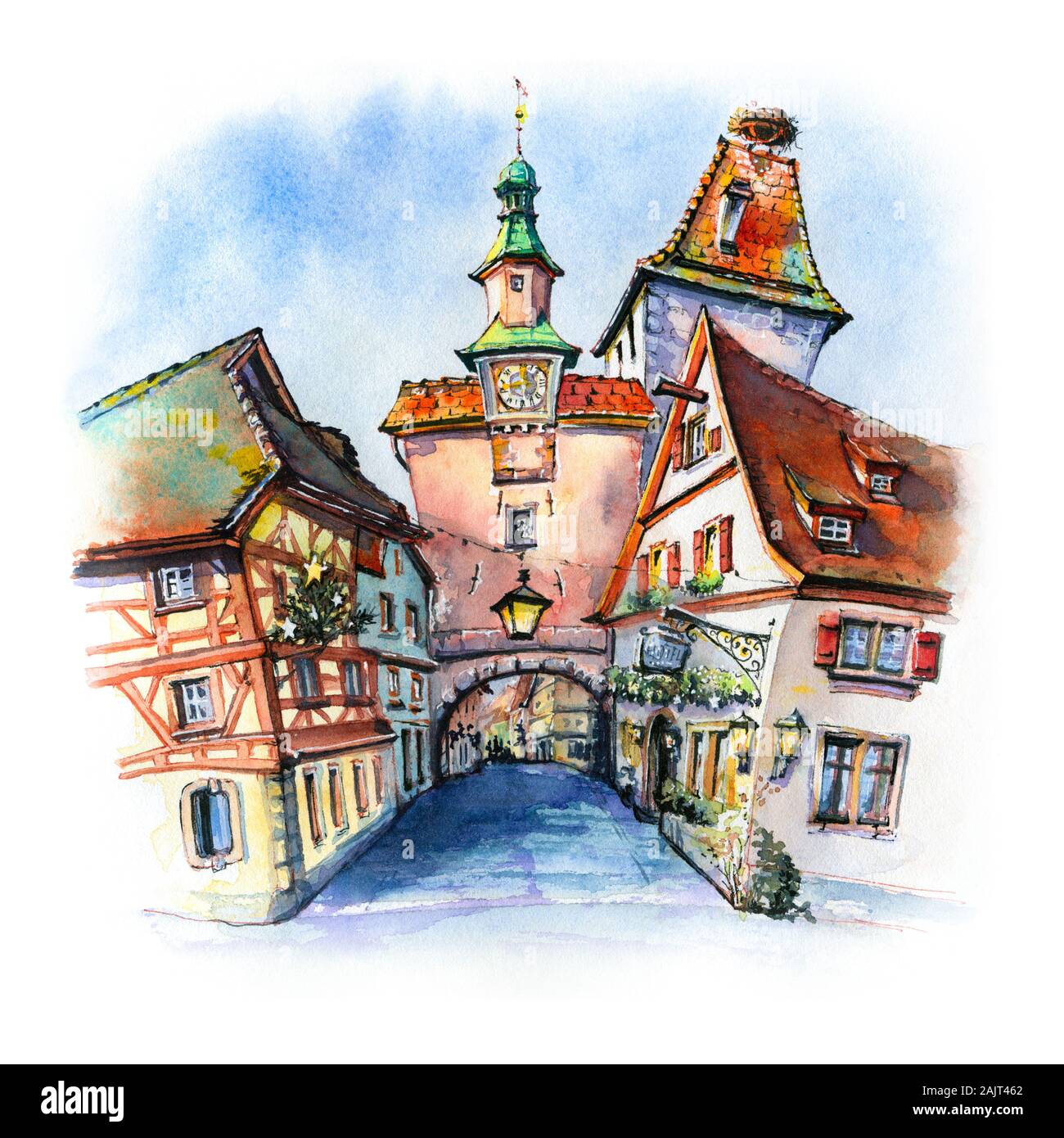 Dibujo de acuarela Markusturm en la antigua ciudad medieval de Rothenburg ob der Tauber, Baviera, parte de la Carretera Romántica a través del sur de Alemania Foto de stock