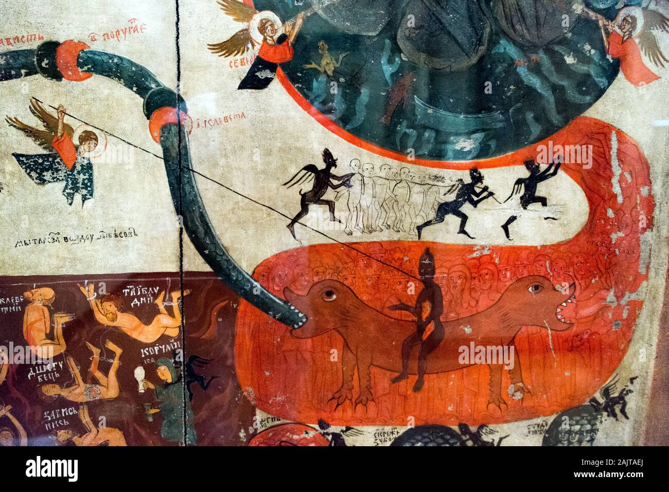 Dos paneles de una exhibición de arte ortodoxo en la Antigua República Polaca, el Palacio del Obispo, Cracovia, Polonia. Paneles muestran la sentencia en la vida de ultratumba. Foto de stock