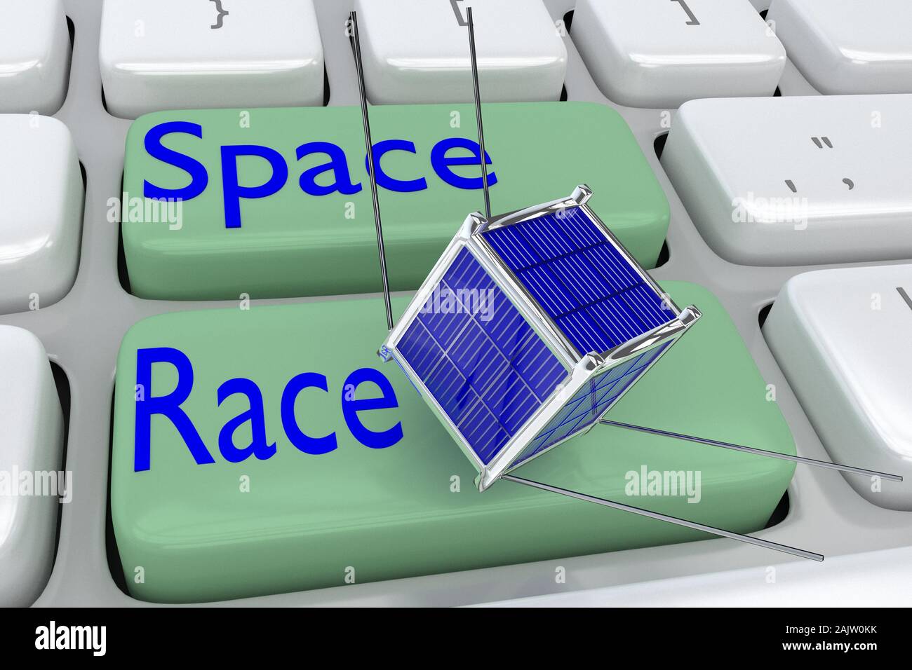 Ilustración 3D de teclado de computadora con el script carrera espacial en  dos adyacentes, los botones verde pálido y un nano satélite flotando encima  de uno de estos b Fotografía de stock -