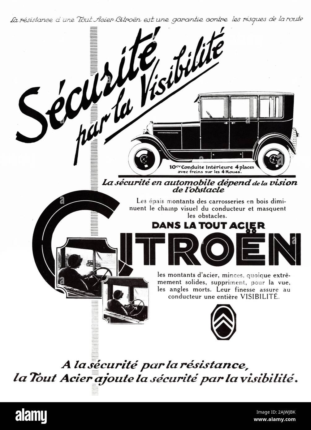 Viejo anuncio o publicidad de Citroën 10 CV 1926 modelo de automóvil o automóviles antiguos Foto de stock