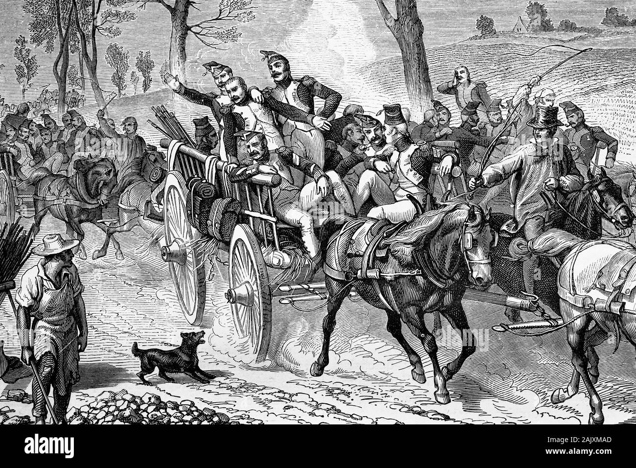 Guardia imperial viajando en carruajes. Guerras napoleónicas. Ilustración antigua.1890. Foto de stock