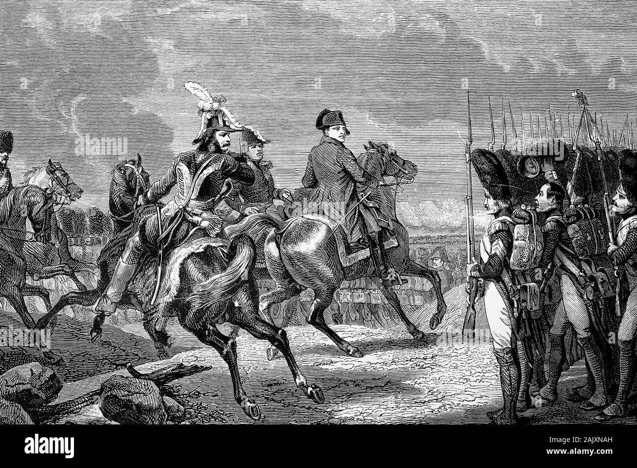 Batalla de Jena. Revisión de la Guardia Imperial de Napoleón. 14 de octubre de 1806. Ilustración de antigüedades. 1890. Foto de stock