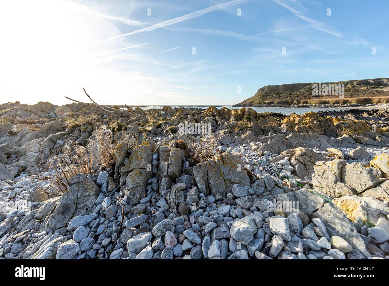 Costa rocosa en el Salthouse spit. Port Eynon, la Península de Gower, Wales Foto de stock