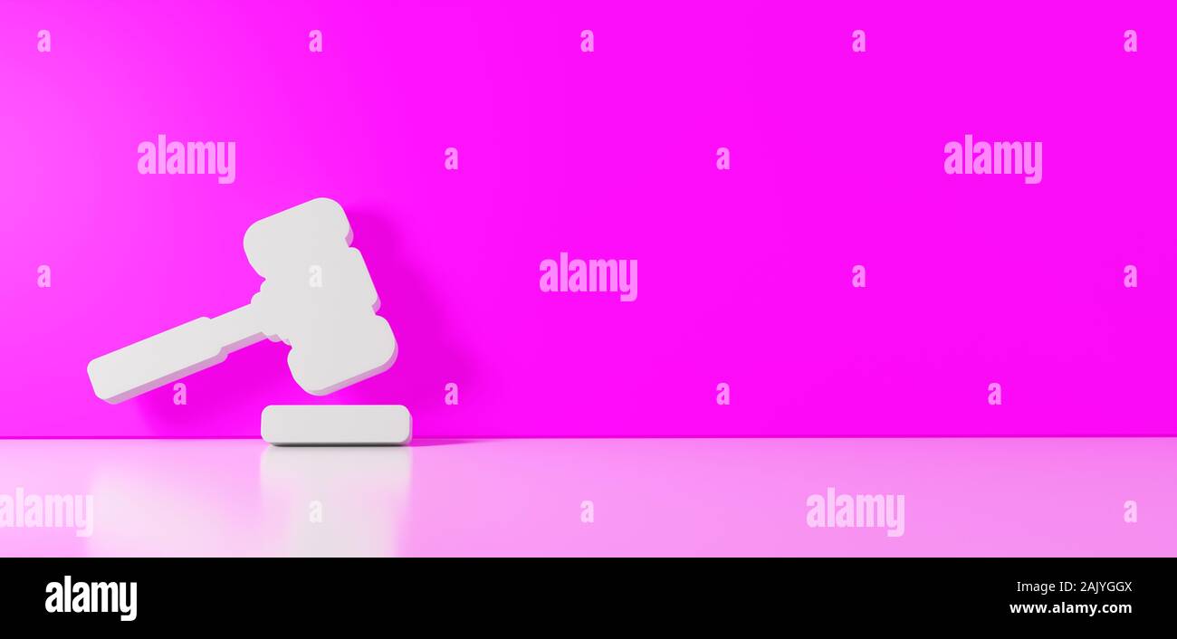 3D rendering de símbolo blanco de derecho icono de martillo recostado en el  piso con paredes de color reflexión borrosa con espacio vacío en el lado  derecho Fotografía de stock - Alamy
