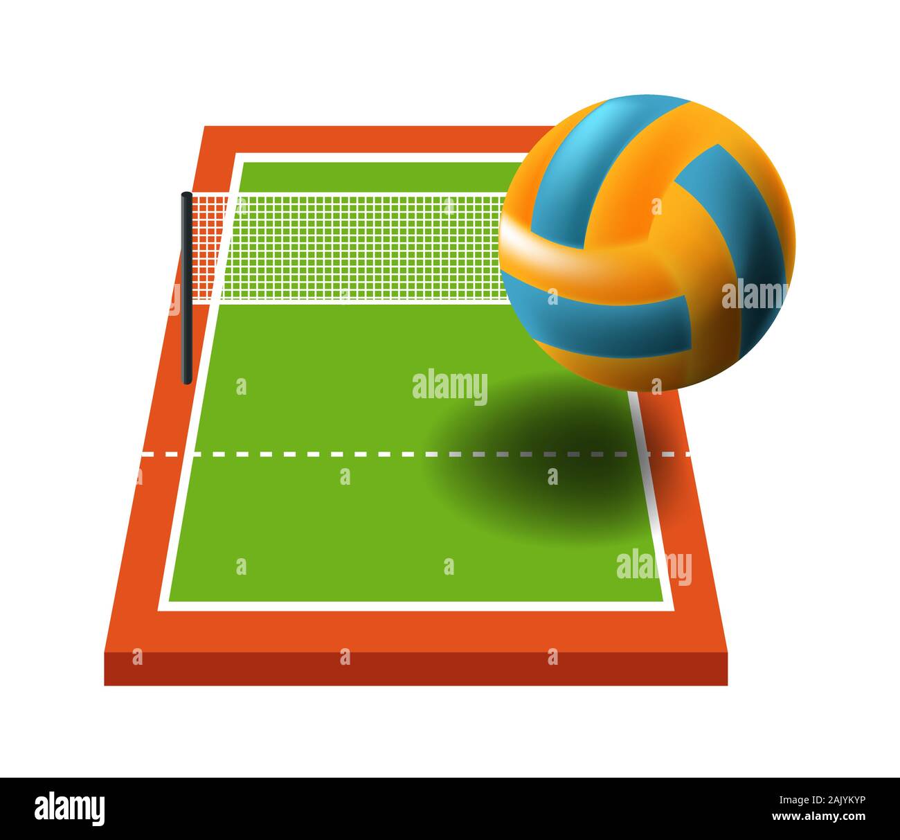 Campo deportivo, artículos de voleibol, pelota y red sobre hierba Ilustración del Vector