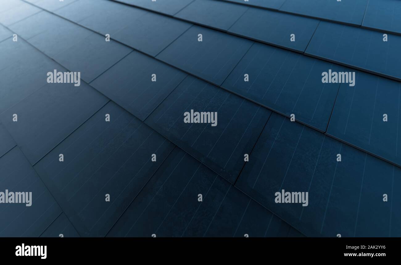 Concepto de techo solar. La construcción del sistema fotovoltaico integrado que consta de modernos azulejos de techo solar negra de monocristal. 3D rendering. Foto de stock