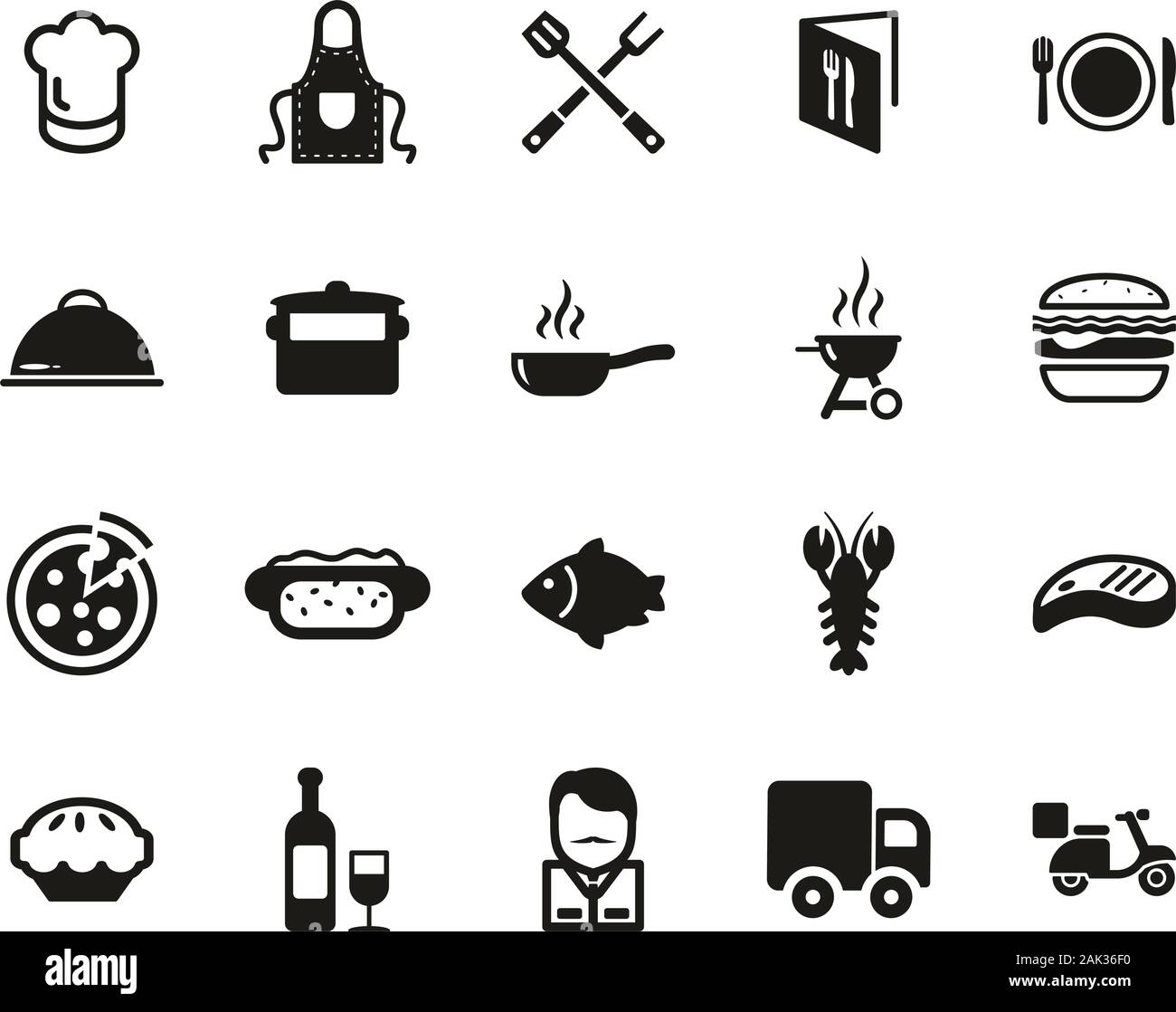 Iconos de negocios de Catering fijado grandes en blanco y negro Ilustración del Vector