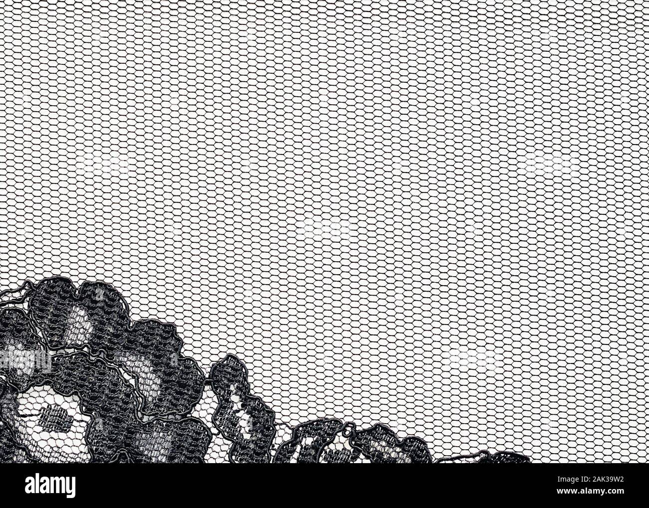 Acercamiento de tul negro con encaje de textura esquina sobre fondo blanco  Fotografía de stock - Alamy