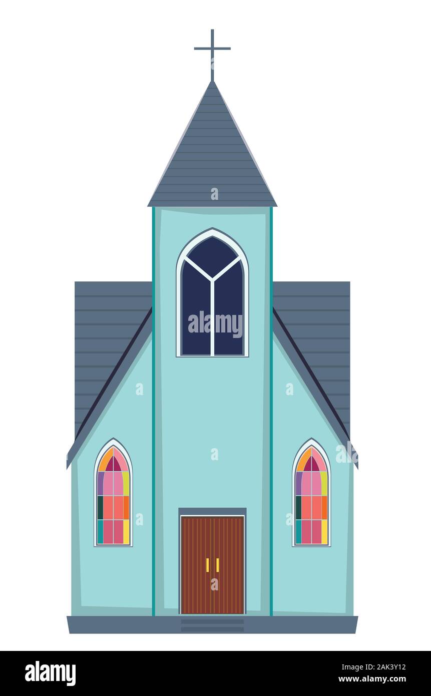 Cartoon retro pequeña iglesia rural casa diseño sobre fondo blanco. Ilustración del Vector