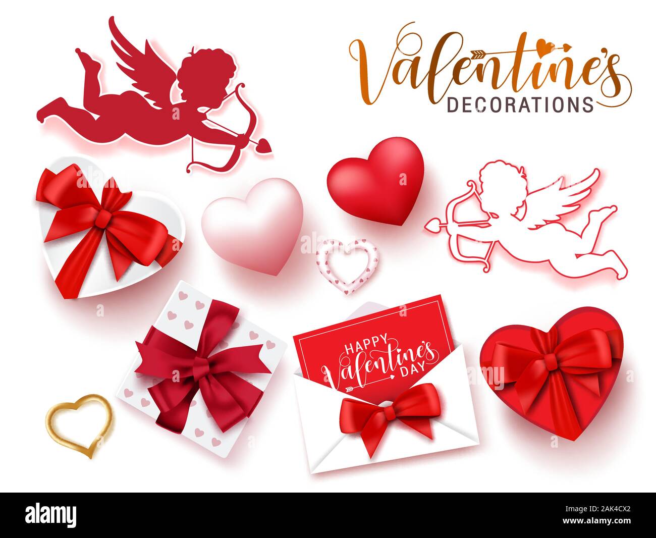 Decoraciones de San Valentín vector set. El día de San Valentín decoración  de cupido, regalos, cartas y corazones para san valentín colección de  elementos aislados en blanco Imagen Vector de stock -