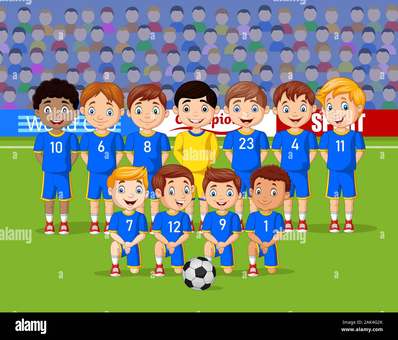 Los niños del equipo de fútbol de dibujos animados en un estadio Imagen  Vector de stock - Alamy