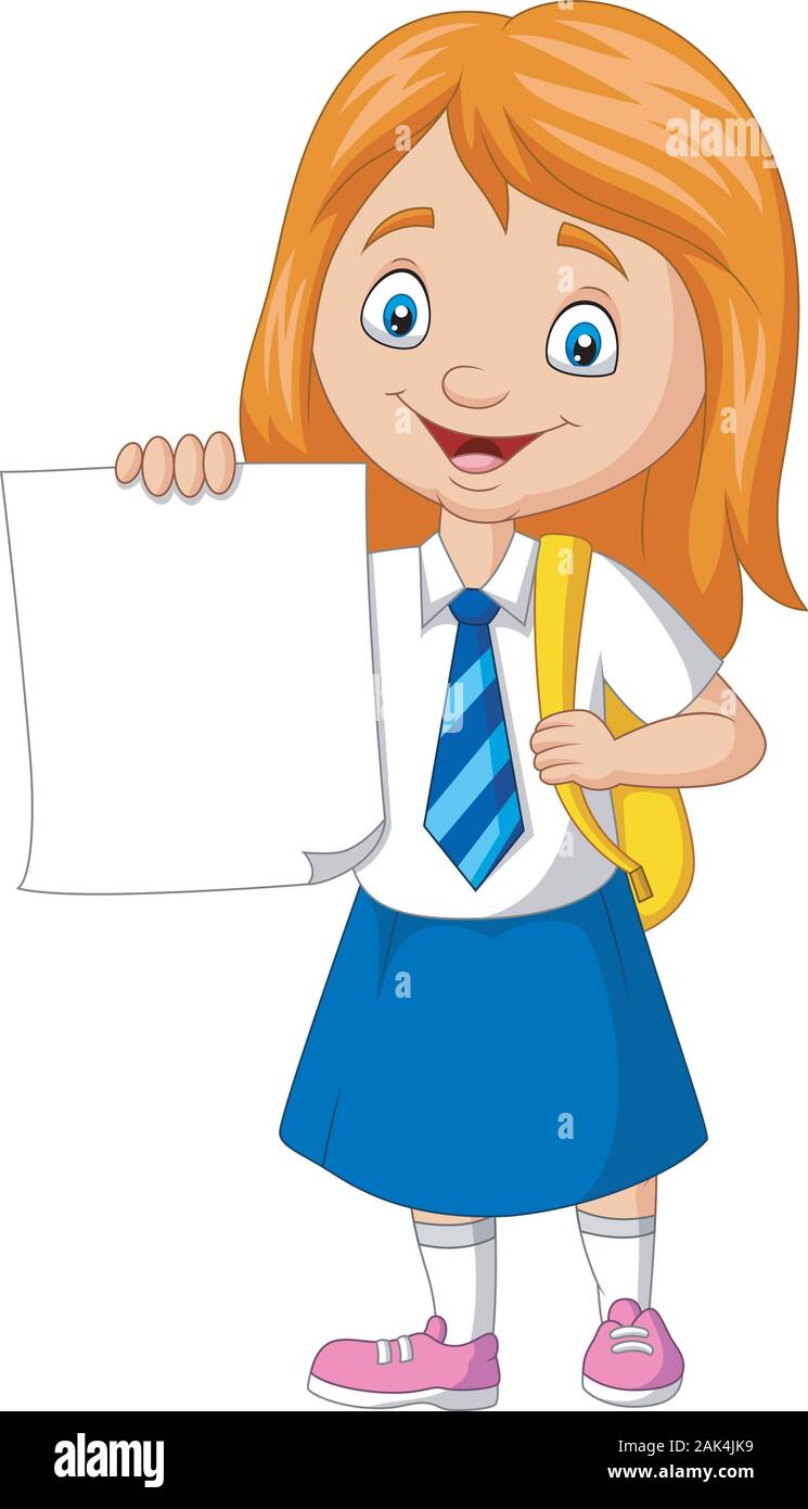 Niña de la escuela de dibujos animados en uniforme la celebración de papel  en blanco Imagen Vector de stock - Alamy