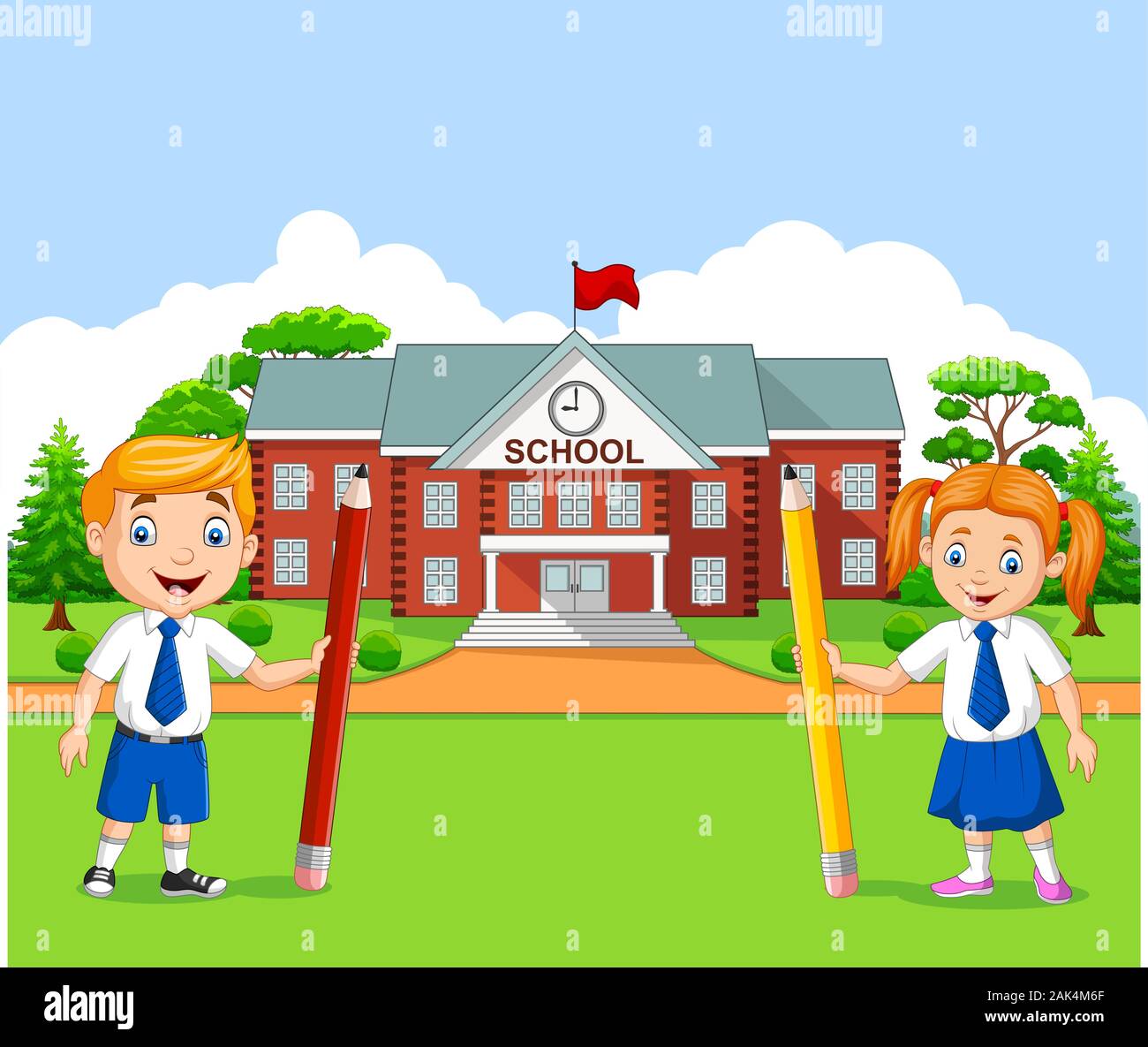 Niños de escuela de dibujos animados en el patio de la escuela Imagen  Vector de stock - Alamy