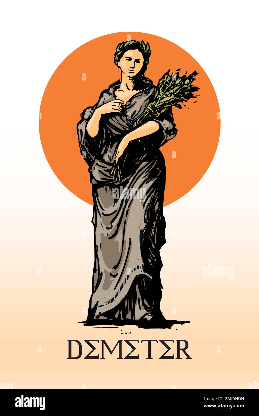 Deméter, la diosa de la cosecha y la agricultura en la antigua religión griega y la mitología, la mujer con la gavilla de grano en manos (ilustración vectorial) Ilustración del Vector