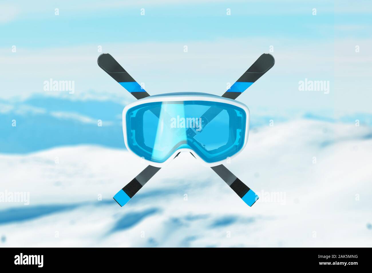 Azul gafas de nieve y esquís cruzados. Picos montañosos en segundo plano. Foto de stock