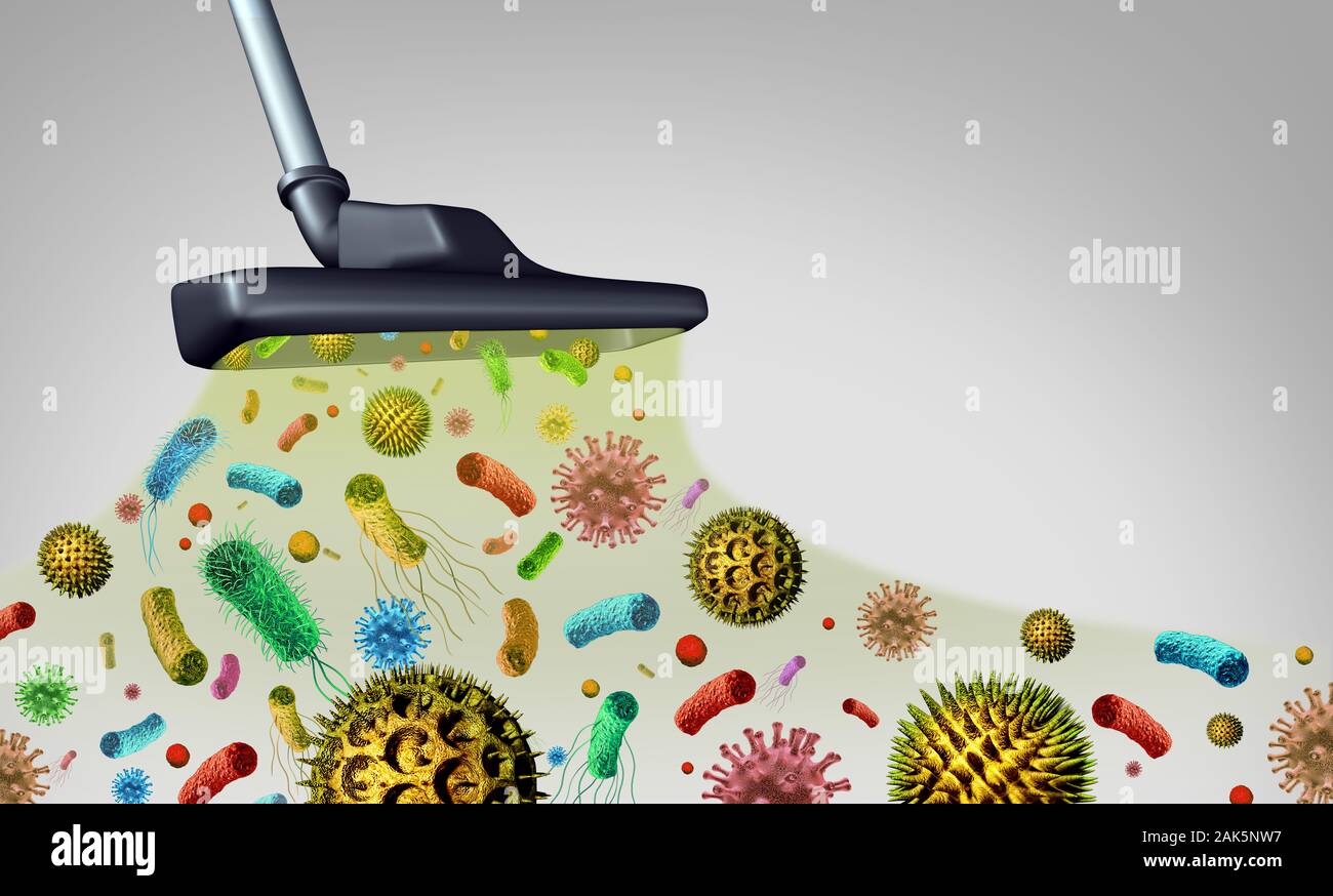 Eliminar los gérmenes y microbios aerotransportados como polen y partículas como bacterias y virus que representa la limpieza de polvo del aire interior sucio de higiene. Foto de stock