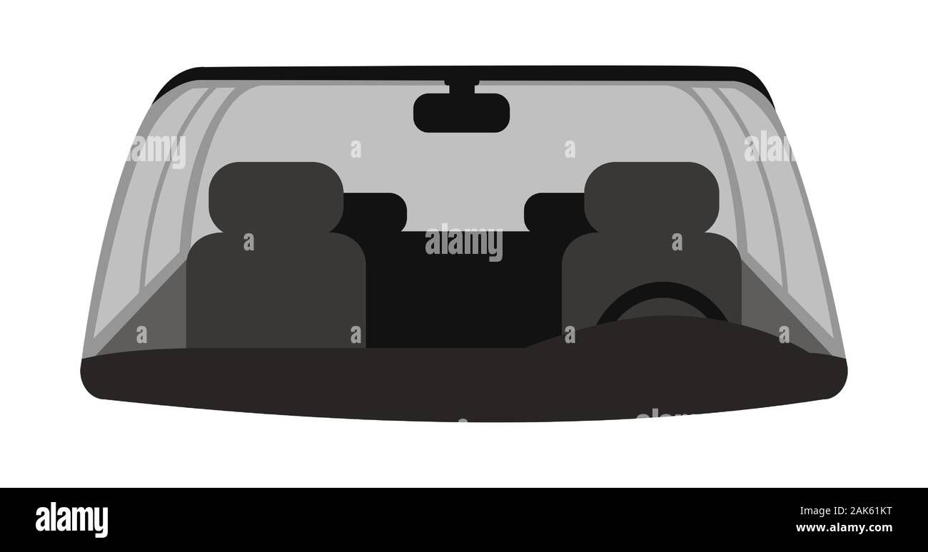 Coche Parabrisas delantero ilustración vectorial. Interior del automóvil con gris de los asientos delanteros, volante, Windows y espejo retrovisor. Auto, vehículo vacío interior aislado sobre fondo blanco. Ilustración del Vector