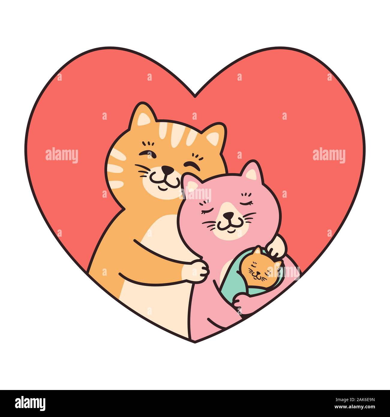 Los gatos de la familia, el padre de la madre y el bebé recién nacido  abrazo en bastidor en forma de corazón rojo. Tarjetas de felicitación para  el Día de San Valentín,