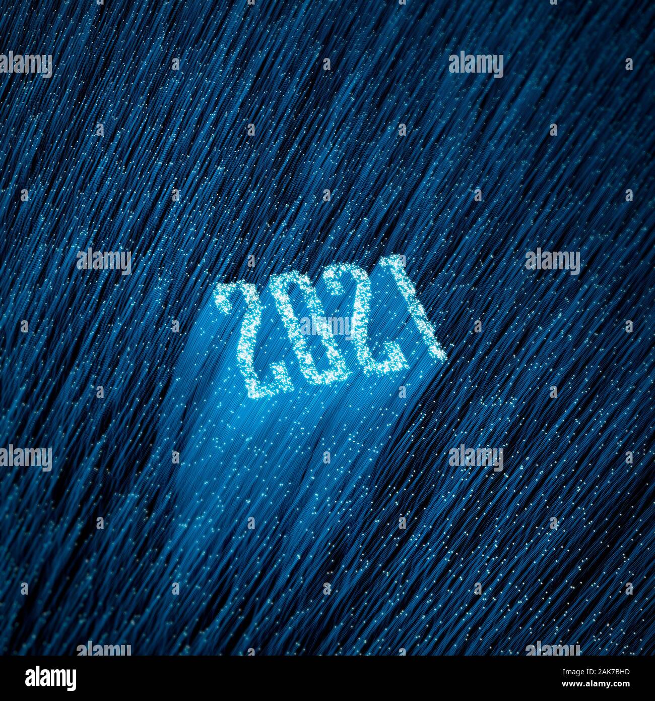 Año 2021 Fibra óptica concepto / Ilustración 3D de fibras ópticas brillantes formando año 2021 TEXTO Foto de stock