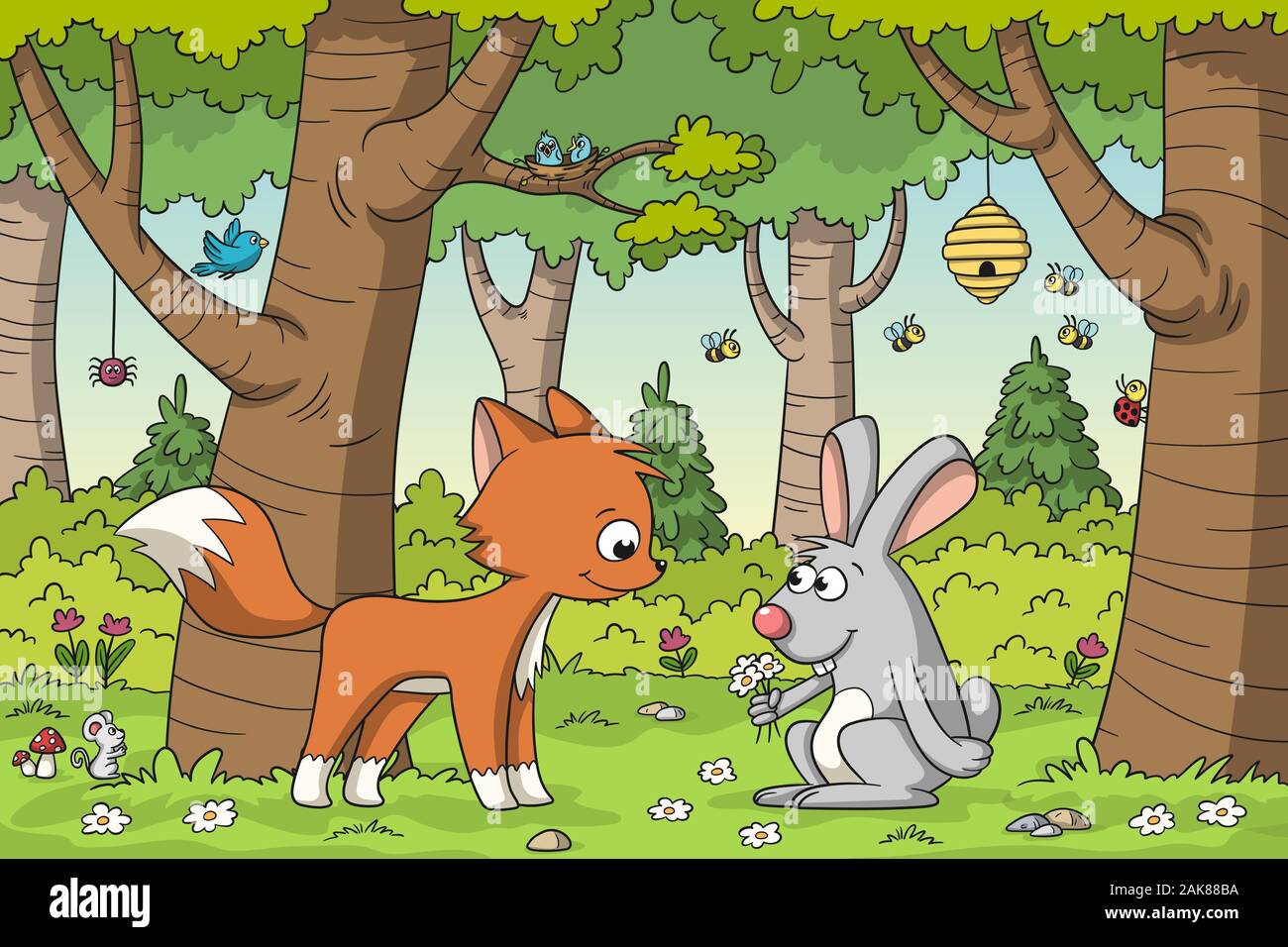 Fox y el conejo se reúnen en el bosque. Ilustración vectorial con capas separadas. Ilustración del Vector