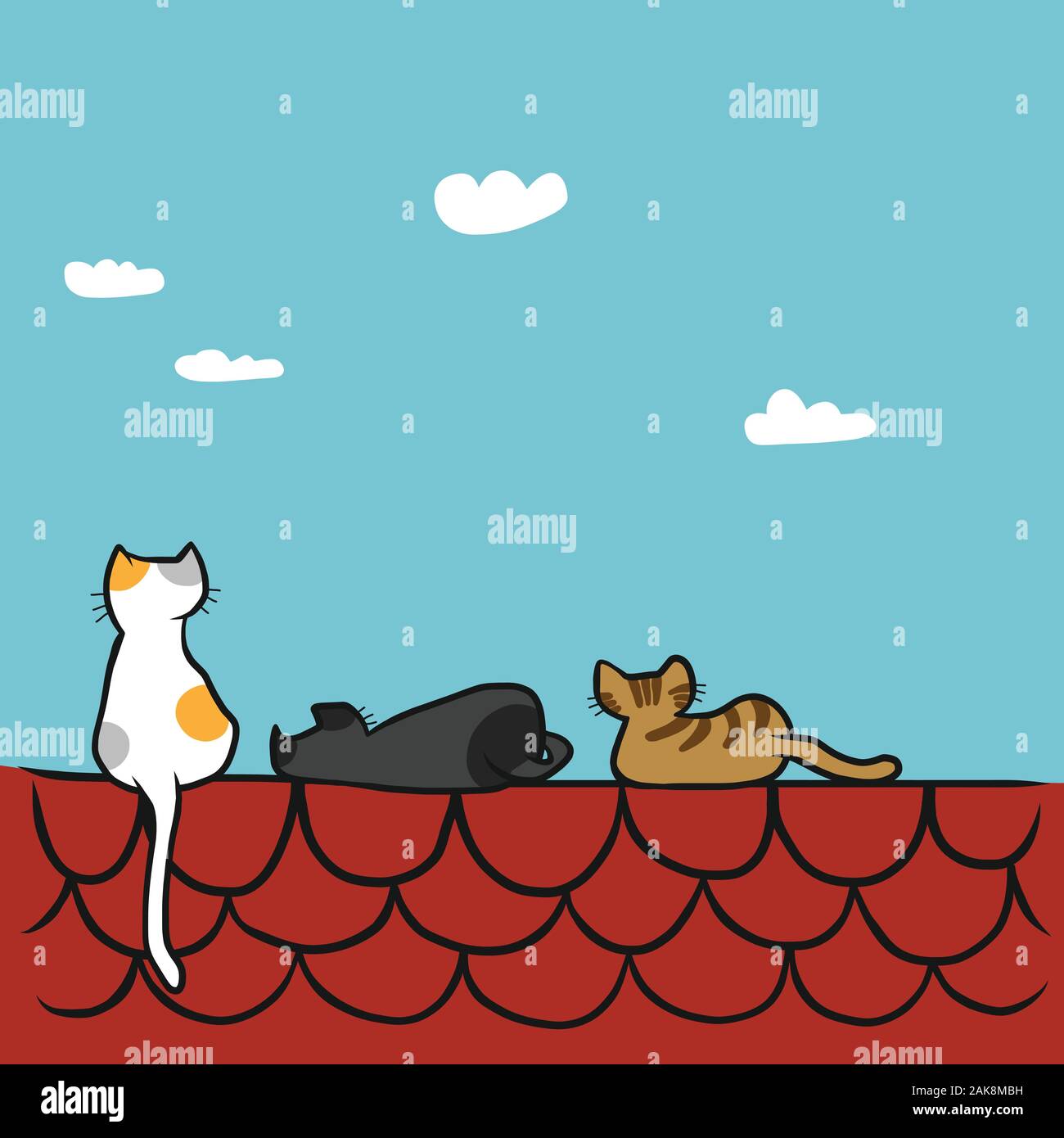 Gatos sentados en un techo rojo, ilustración vectorial de dibujos animados  Imagen Vector de stock - Alamy
