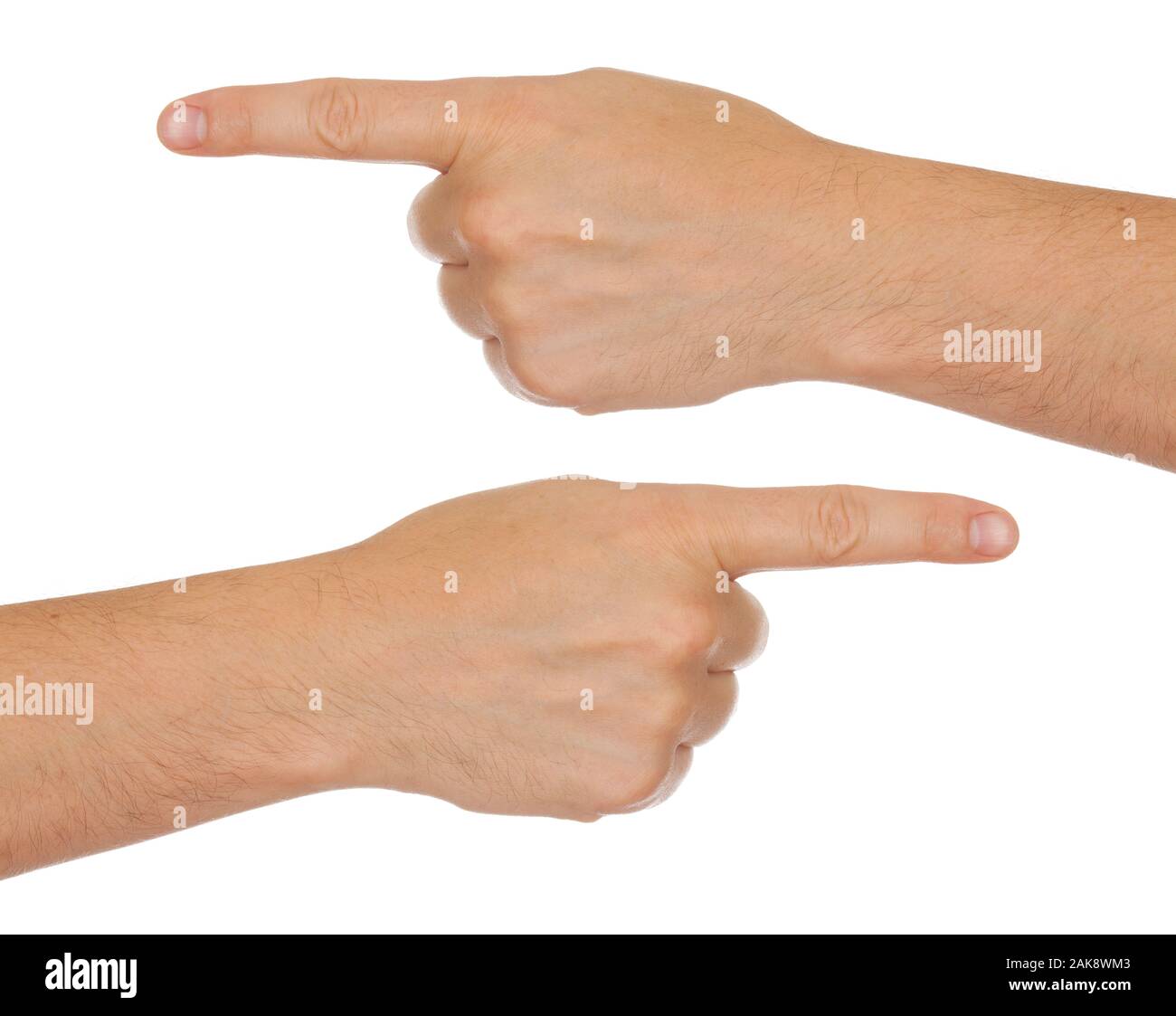 Macho de manos y dedos índice mostrando las direcciones izquierda y derecha, aislado en blanco Foto de stock