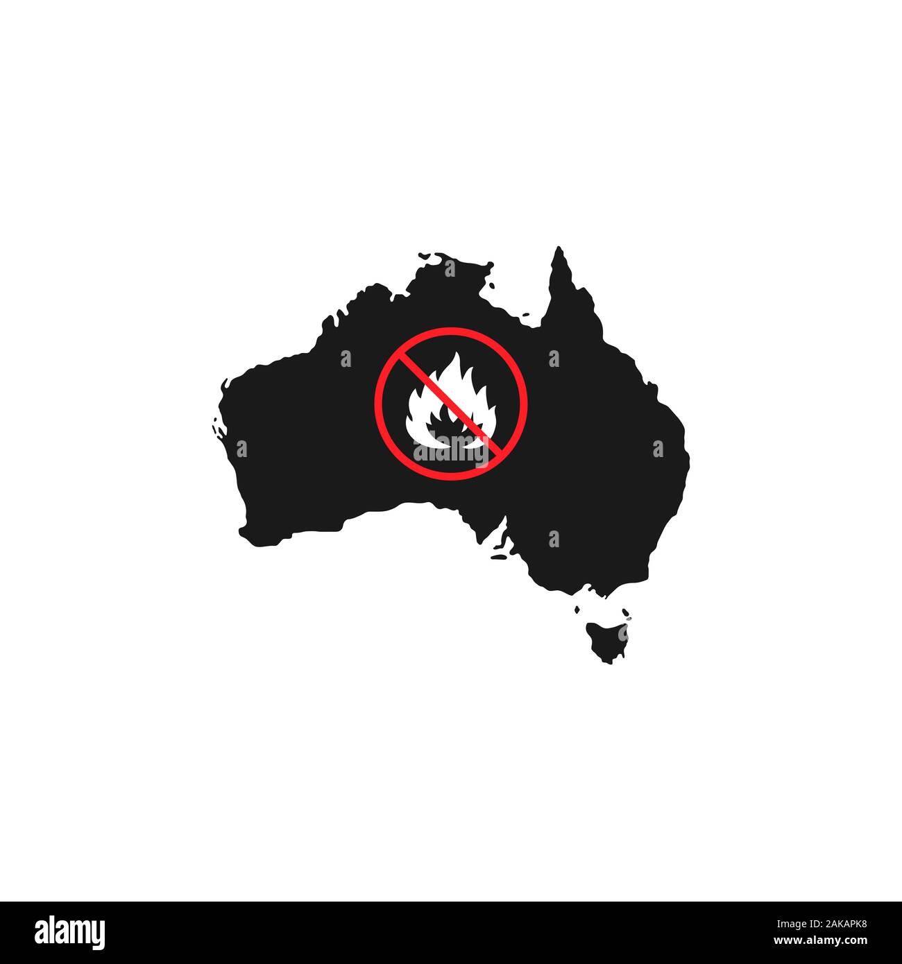 Australia mapa silueta con un signo de prohibición de prender fuego. Plantilla fija mínima. Foto de stock