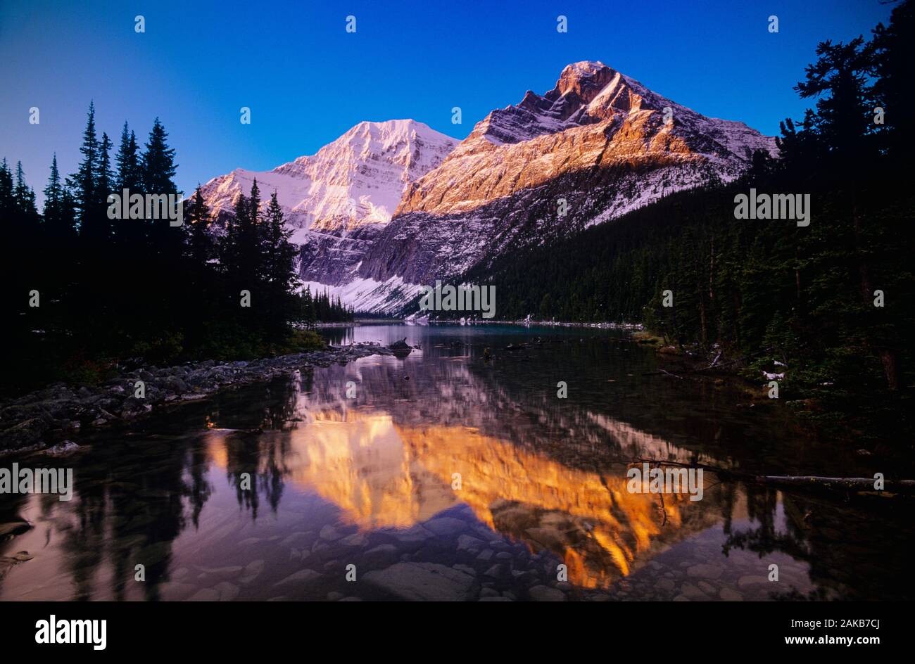 Paisaje con el lago y el Monte Edith Cavell, el Parque Nacional de Jasper, Alberta, Canadá Foto de stock