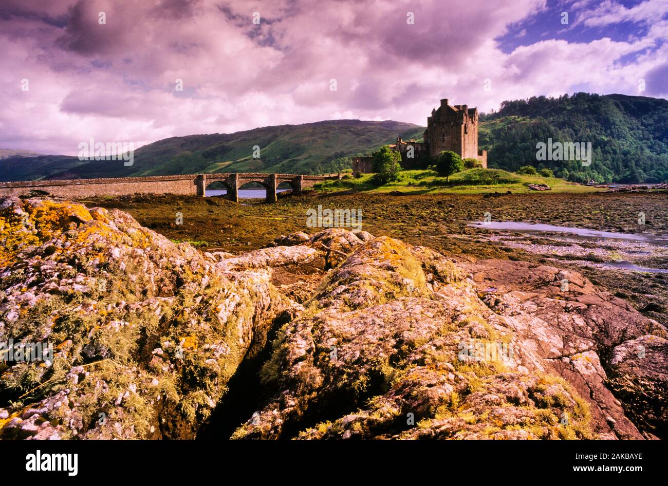 Paisaje con el castillo de Eilean Donan y puente, Highlands, Scotland, Reino Unido Foto de stock