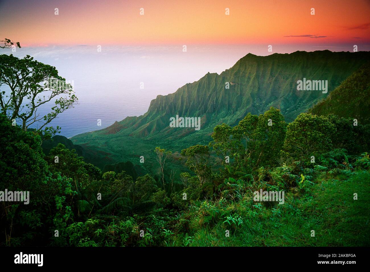 Paisaje de Valle Kalalau al atardecer, Costa Na Pali de Kauai, Hawaii, EE.UU. Foto de stock