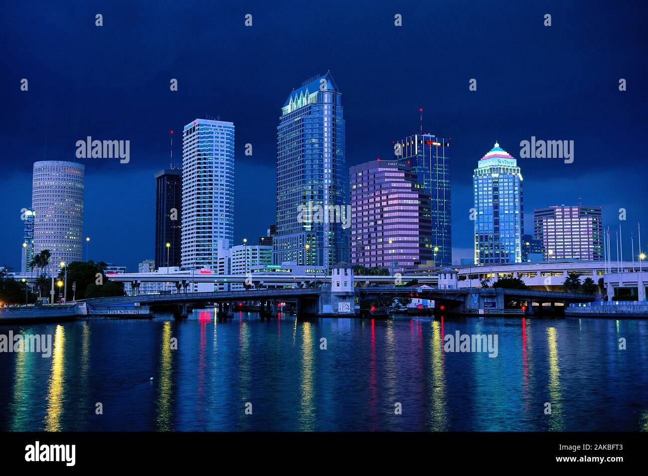 Perfil del centro de la ciudad por la noche, en Tampa, Florida, EE.UU. Foto de stock