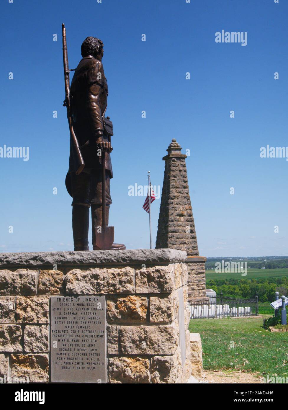 Estatua de Abraham Lincoin en el monumento de la Guerra Blackhawk en Kent, Illinois, EE.UU. Conmemorando una batalla entre una milicia de Illinois y nativos americanos. Foto de stock