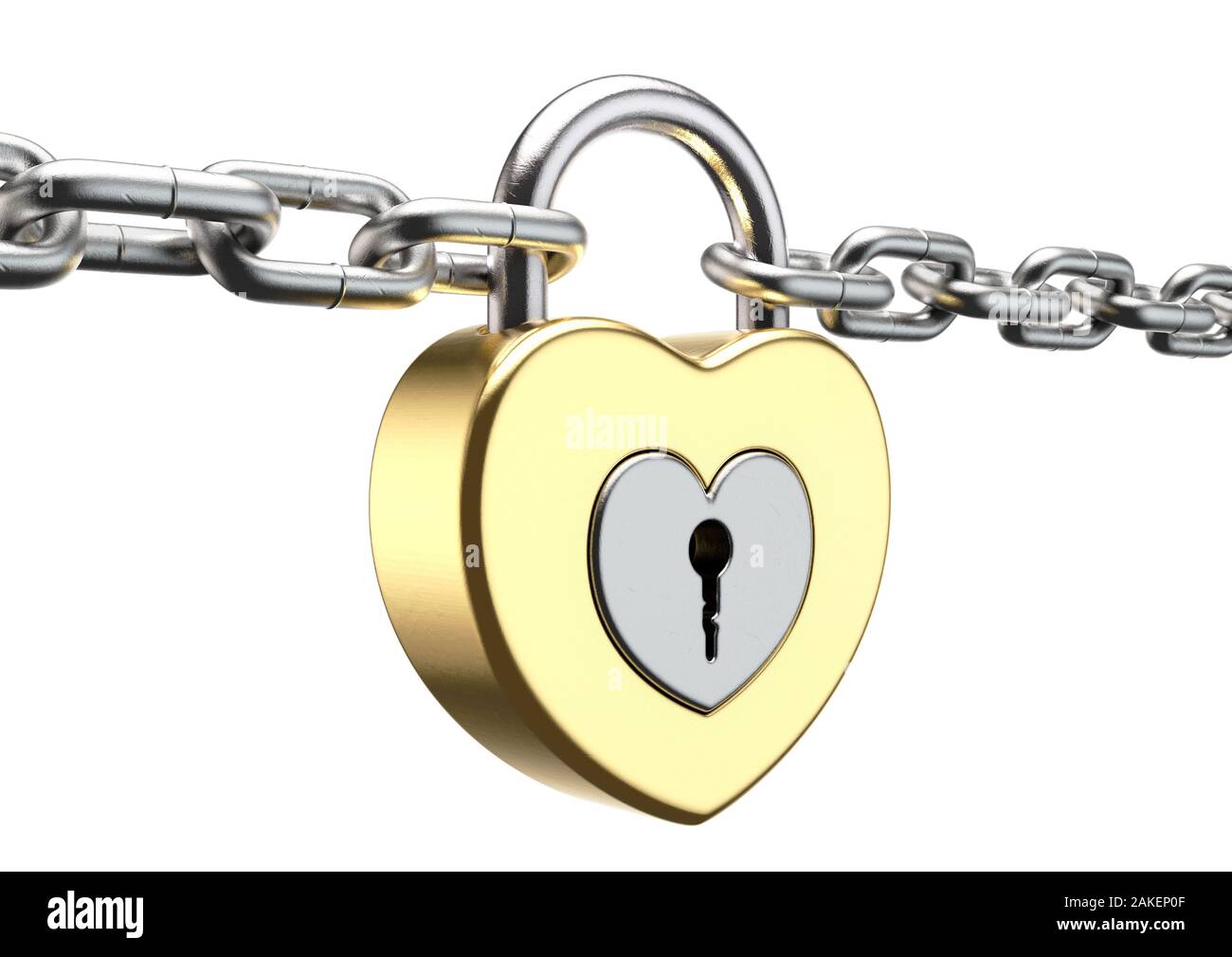 Un candado dorado en forma de corazón bloqueado uniendo dos cadenas de plata juntos sobre un fondo blanco aislado - 3D Render Foto de stock