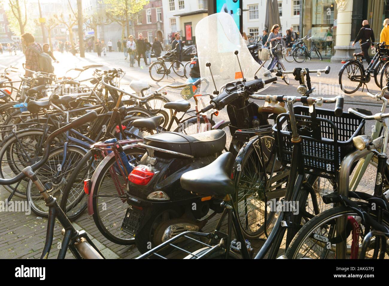 Un montón de bicicletas en un aparcamiento para bicicletas típico de Amsterdam Foto de stock