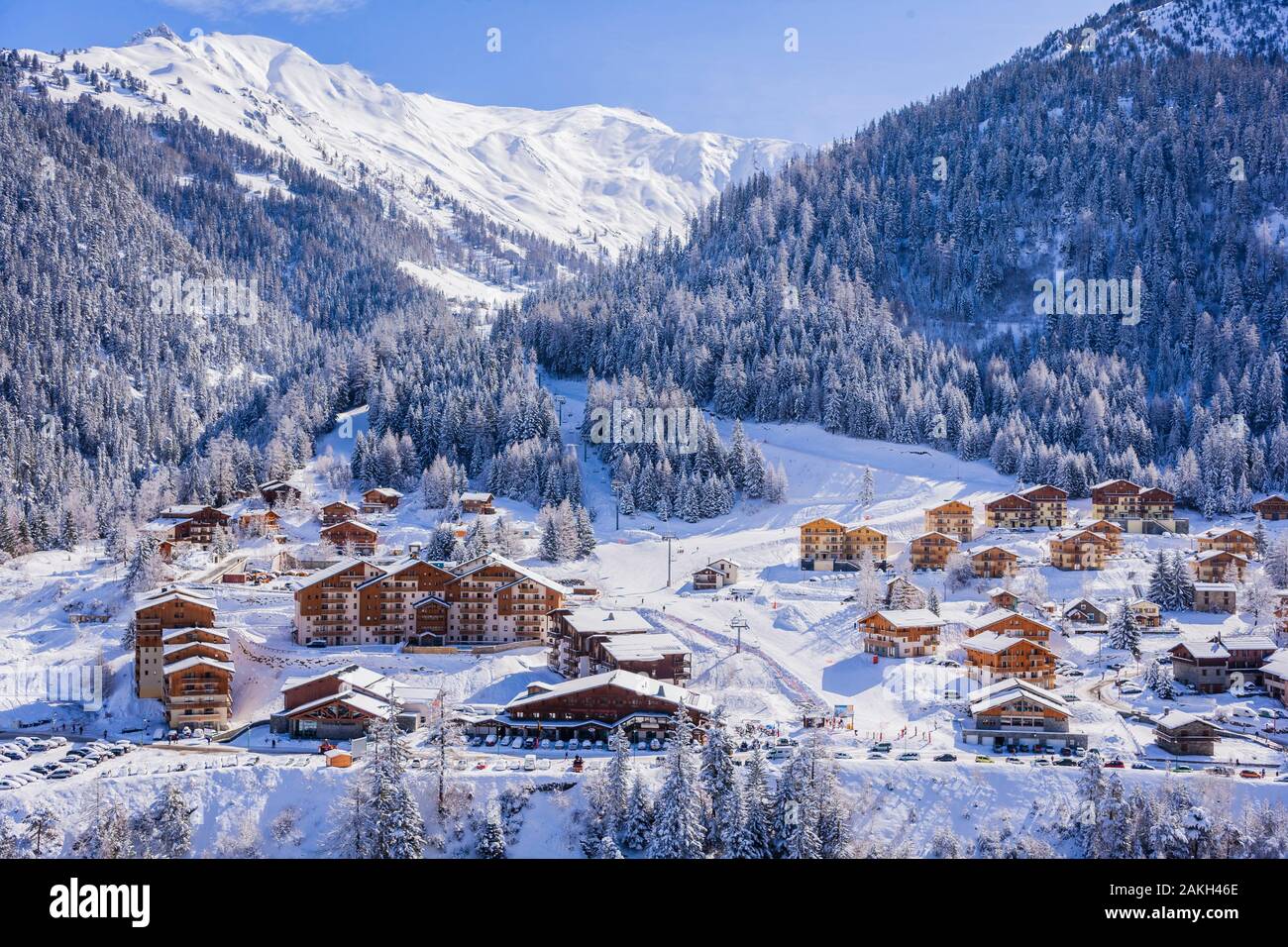 Francia, Savoie, Maurienne, Modane Valfrejus, esquí (vista aérea) Foto de stock
