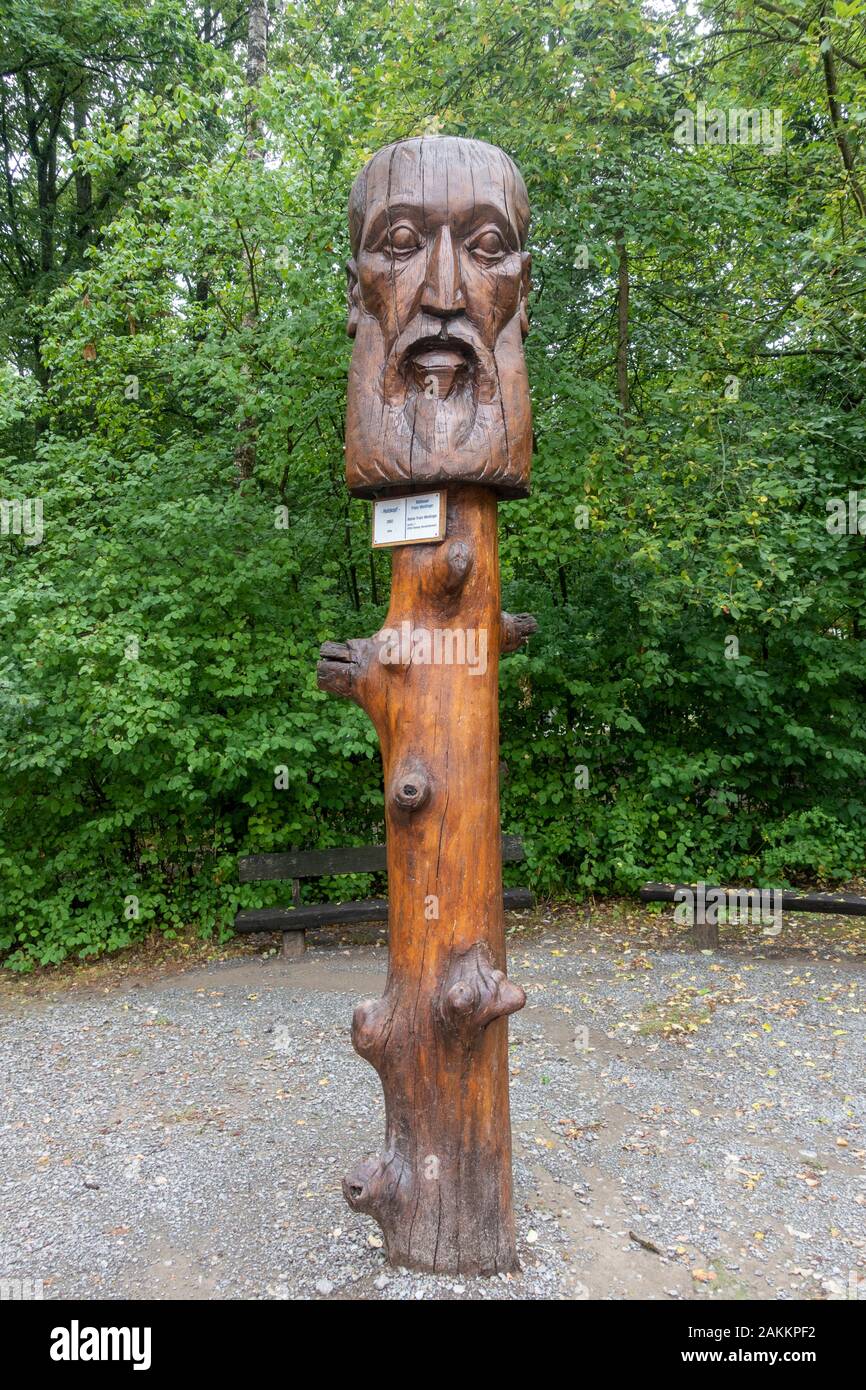 'Holzkopf' tótem de Franz Weidinger en Wildpark an den Eichen (parque de juegos en los roaks), Schweinfurt, Baviera, Alemania. Foto de stock